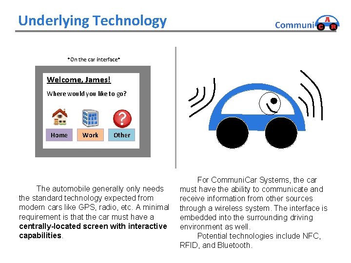 Underlying Technology *On the car interface* Welcome, James! Where would you like to go?