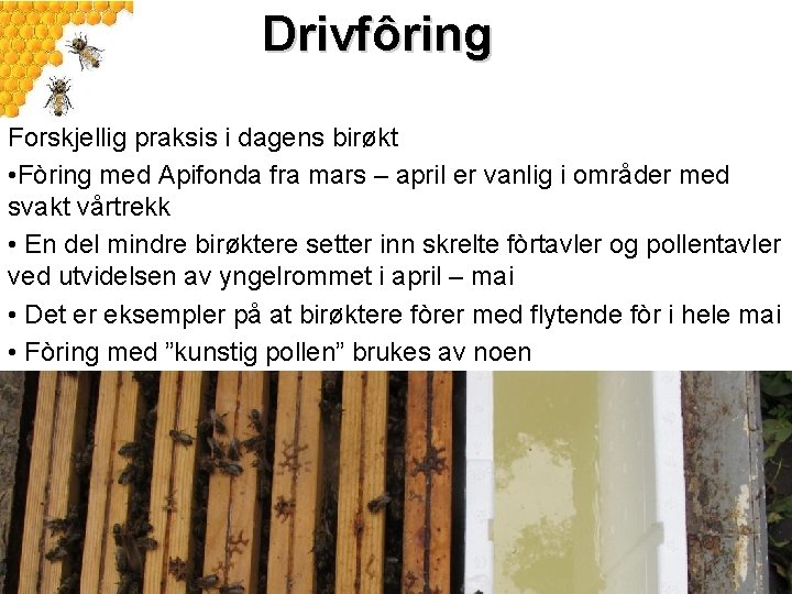 Drivfôring Forskjellig praksis i dagens birøkt • Fòring med Apifonda fra mars – april