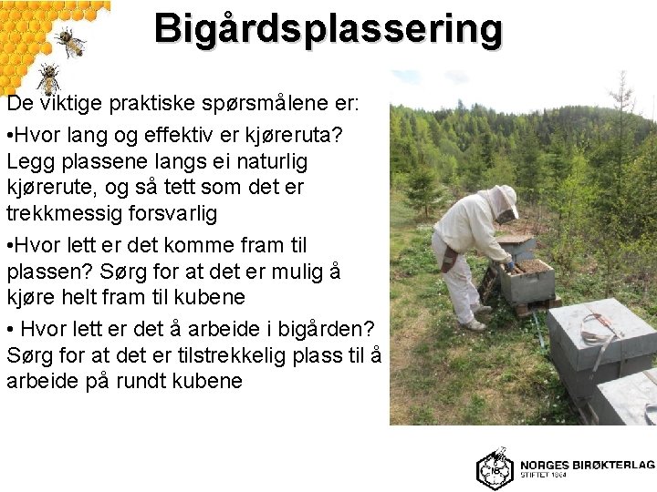 Bigårdsplassering De viktige praktiske spørsmålene er: • Hvor lang og effektiv er kjøreruta? Legg