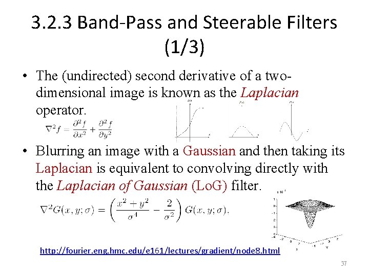 3. 2. 3 Band-Pass and Steerable Filters (1/3) • The (undirected) second derivative of