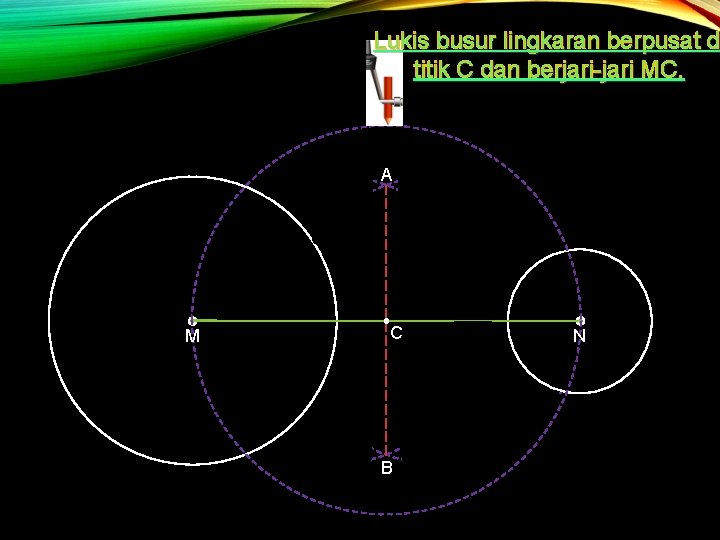 Lukis busur lingkaran berpusat di d titik C dan berjari-jari MC. A M C