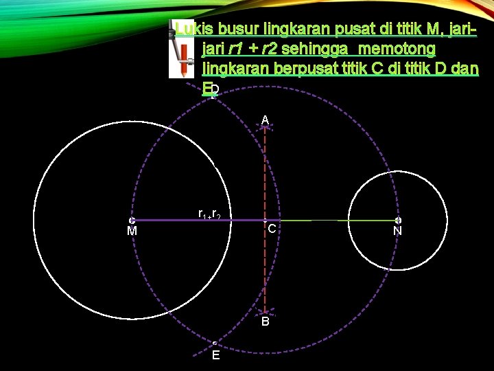 Lukis busur lingkaran pusat di titik M, jari r 1 + r 2 sehingga