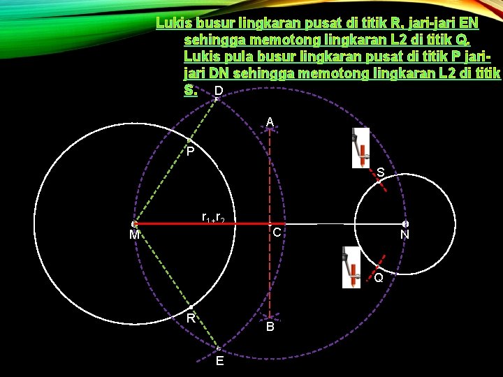 Lukis busur lingkaran pusat di titik R, jari-jari EN sehingga memotong lingkaran L 2