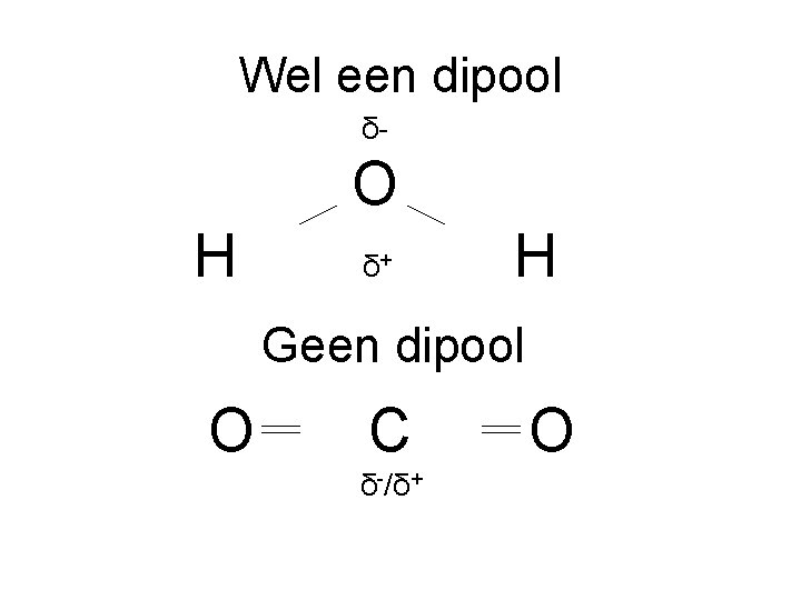 Wel een dipool δ- O H δ+ H Geen dipool O C δ-/δ+ O