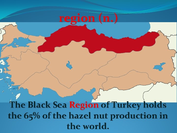 region (n. ) The Black Sea Region of Turkey holds the 65% of the
