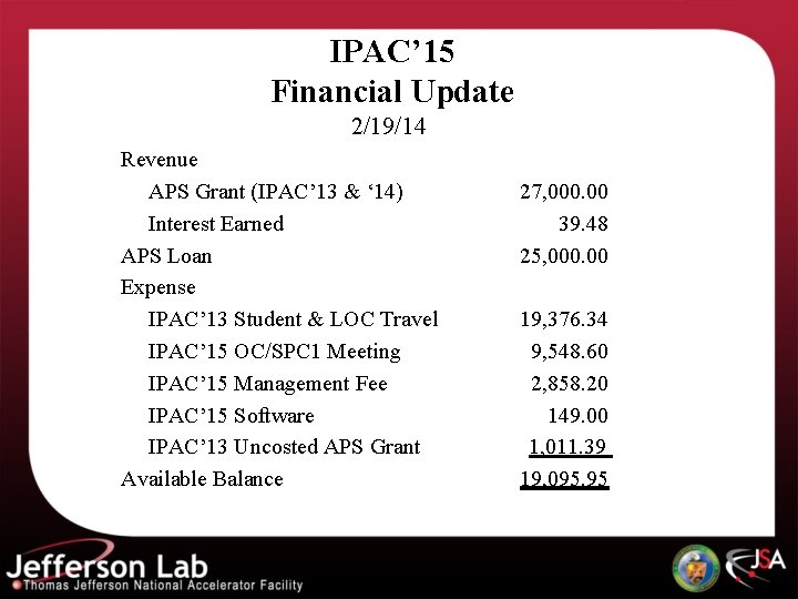 IPAC’ 15 Financial Update 2/19/14 Revenue APS Grant (IPAC’ 13 & ‘ 14) Interest