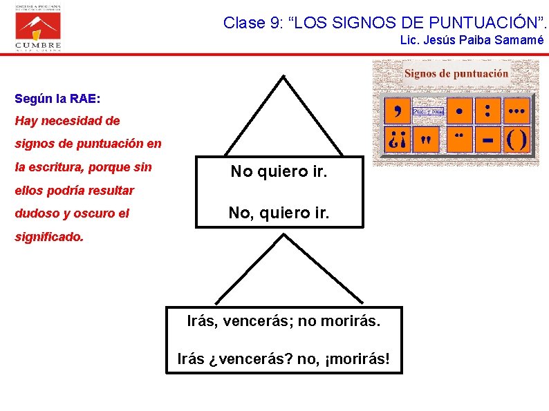 Clase 9: “LOS SIGNOS DE PUNTUACIÓN”. Lic. Jesús Paiba Samamé Según la RAE: Hay Clase 9: “LOS SIGNOS DE PUNTUACIÓN”. Lic. Jesús Paiba Samamé Según la RAE: Hay