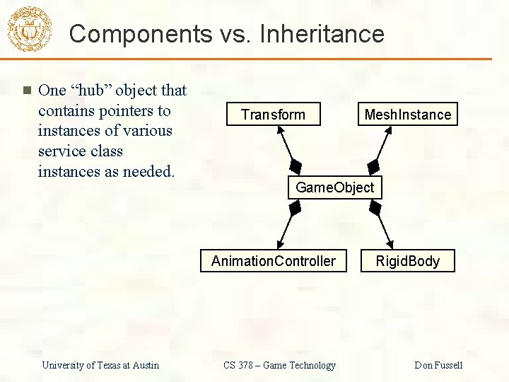 Components vs. Inheritance One “hub” object that contains pointers to instances of various service