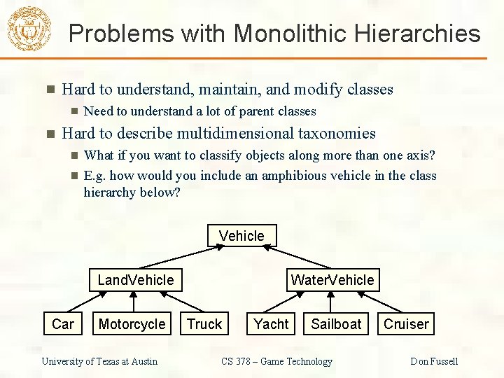 Problems with Monolithic Hierarchies Hard to understand, maintain, and modify classes Need to understand