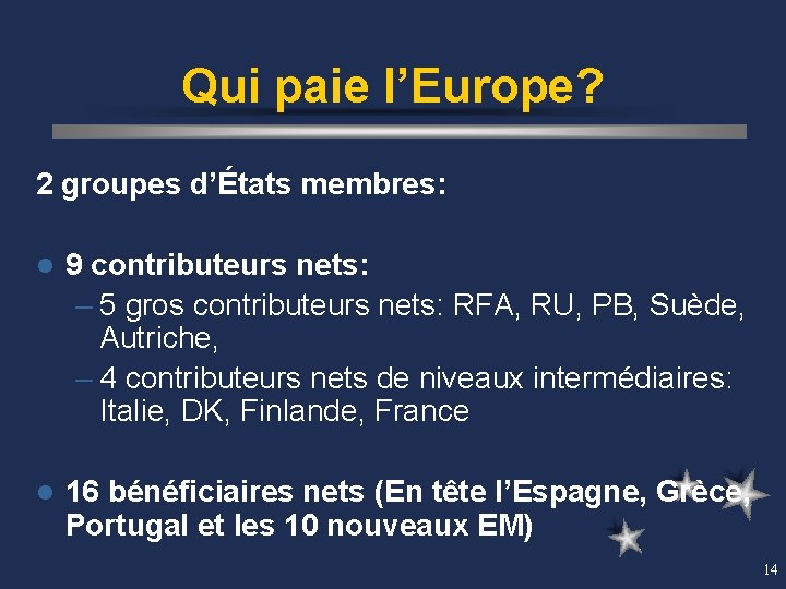 Qui paie l’Europe? 2 groupes d’États membres: l 9 contributeurs nets: – 5 gros