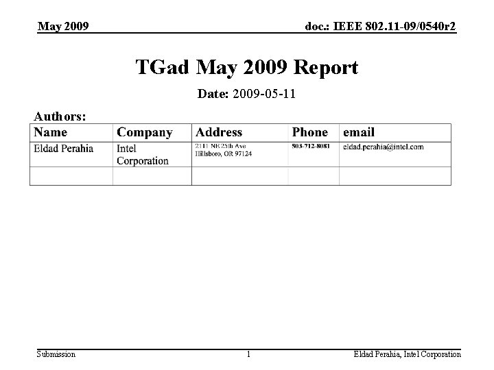 May 2009 doc. : IEEE 802. 11 -09/0540 r 2 TGad May 2009 Report