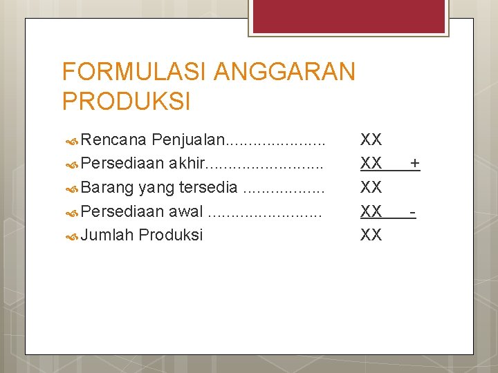 FORMULASI ANGGARAN PRODUKSI Rencana Penjualan. . . . . Persediaan akhir. . . Barang