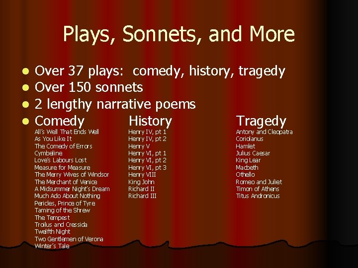 Plays, Sonnets, and More l l Over 37 plays: comedy, history, tragedy Over 150