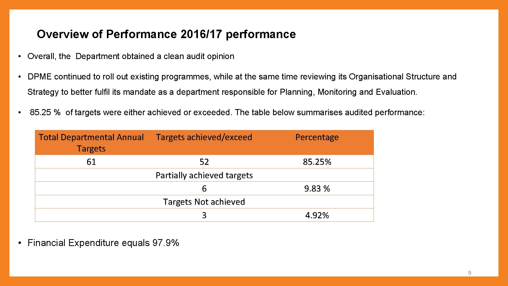 Overview of Performance 2016/17 performance • Overall, the Department obtained a clean audit opinion