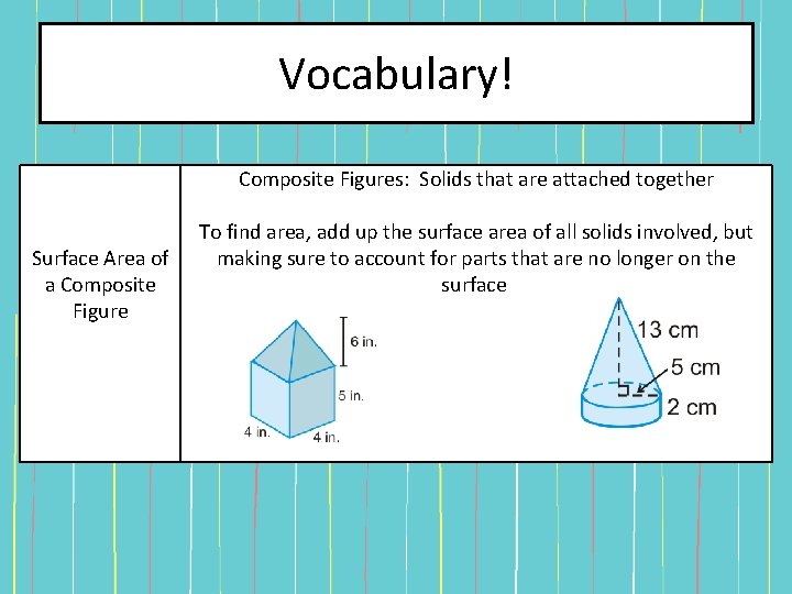 Vocabulary! Composite Figures: Solids that are attached together Surface Area of a Composite Figure Vocabulary! Composite Figures: Solids that are attached together Surface Area of a Composite Figure