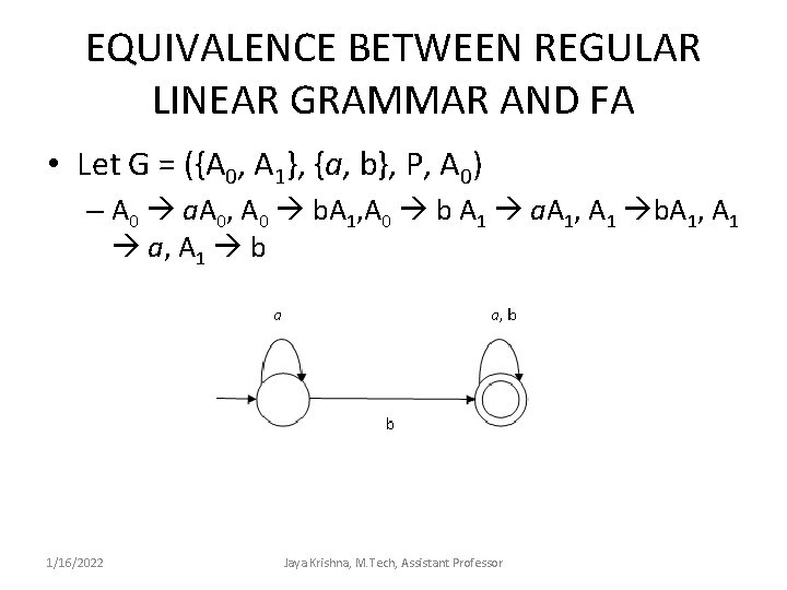 EQUIVALENCE BETWEEN REGULAR LINEAR GRAMMAR AND FA • Let G = ({A 0, A