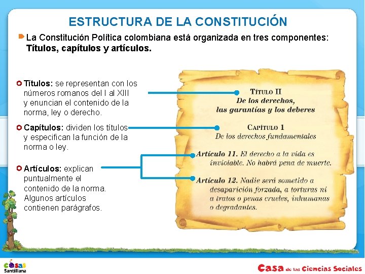 ESTRUCTURA DE LA CONSTITUCIÓN La Constitución Política colombiana está organizada en tres componentes: Títulos,