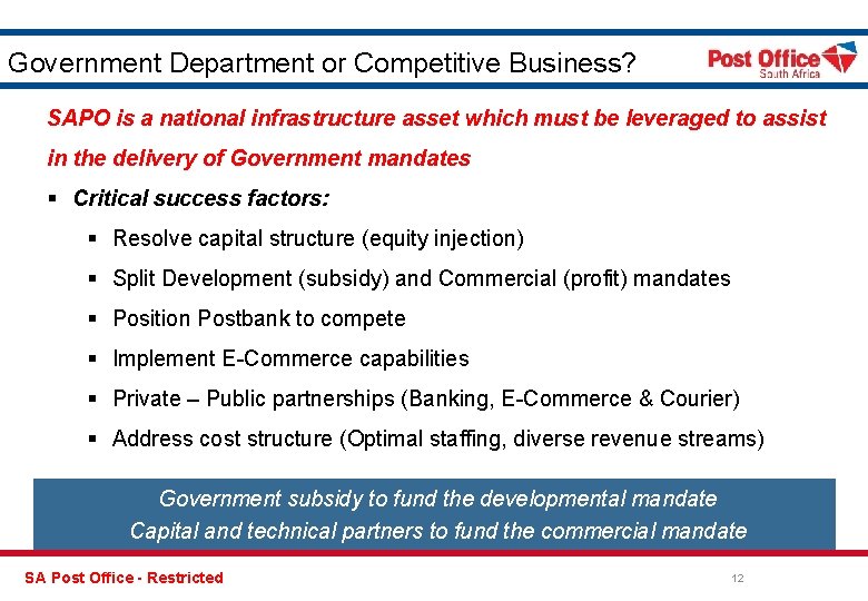 Government Department or Competitive Business? SAPO is a national infrastructure asset which must be