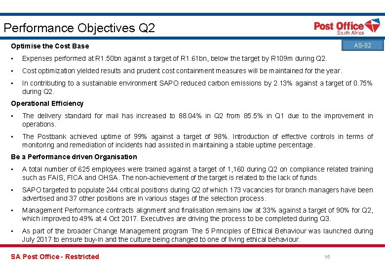 Performance Objectives Q 2 AS-02 Optimise the Cost Base • Expenses performed at R