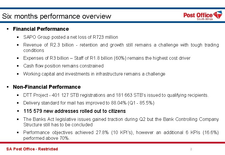 Six months performance overview § Financial Performance § SAPO Group posted a net loss