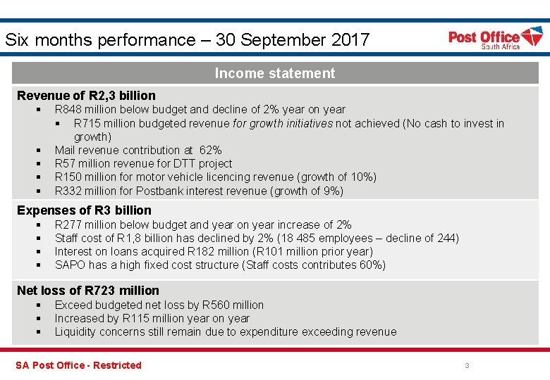 Six months performance – 30 September 2017 Income statement Revenue of R 2, 3