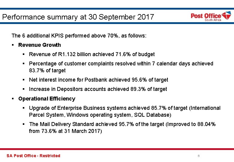 Performance summary at 30 September 2017 The 6 additional KPIS performed above 70%, as