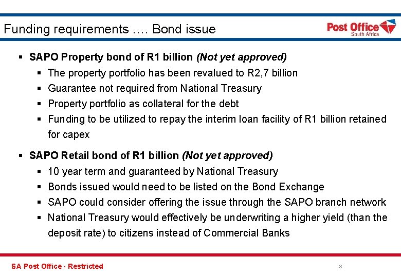 Funding requirements …. Bond issue § SAPO Property bond of R 1 billion (Not