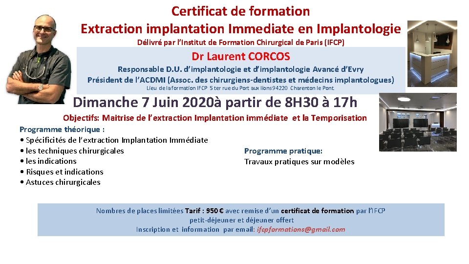 Certificat de formation Extraction implantation Immediate en Implantologie Délivré par l’Institut de Formation Chirurgical