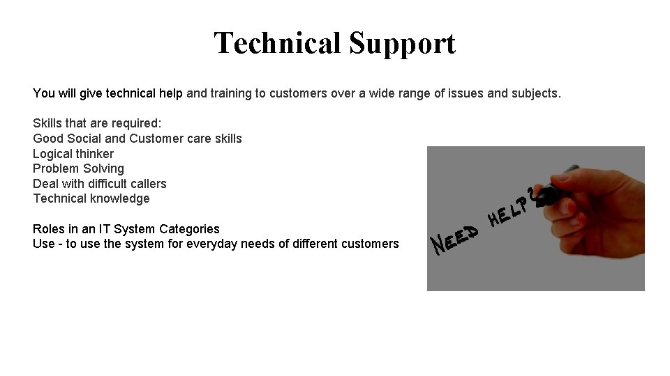 Technical Support You will give technical help and training to customers over a wide