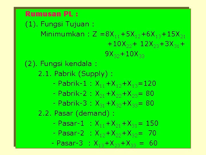 Rumusan PL : (1). Fungsi Tujuan : Minimumkan : Z =8 X 11+5 X