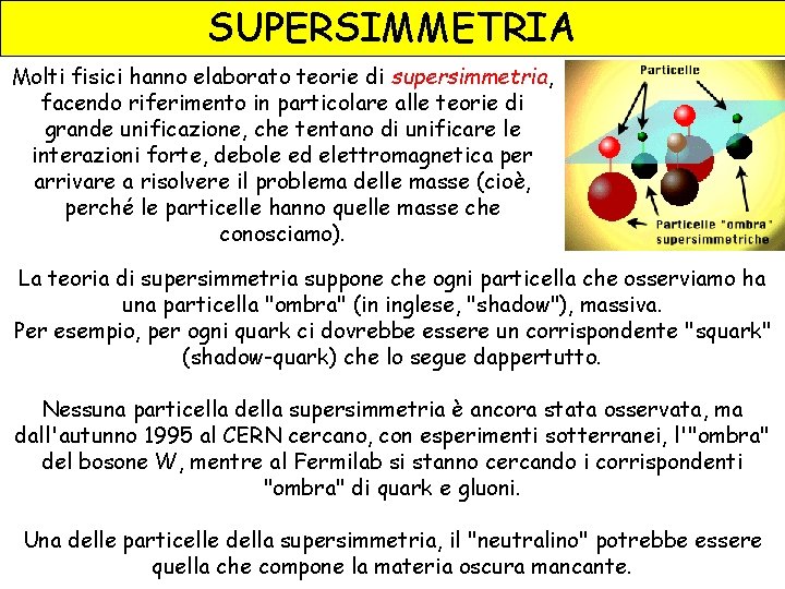 SUPERSIMMETRIA Molti fisici hanno elaborato teorie di supersimmetria, facendo riferimento in particolare alle teorie