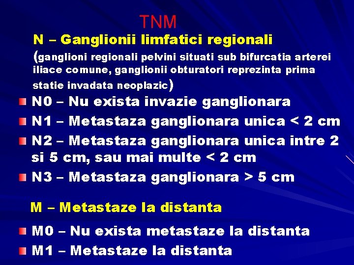 TNM N – Ganglionii limfatici regionali (ganglioni regionali pelvini situati sub bifurcatia arterei iliace TNM N – Ganglionii limfatici regionali (ganglioni regionali pelvini situati sub bifurcatia arterei iliace
