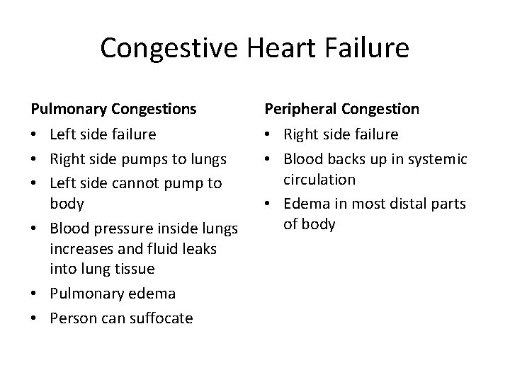 Congestive Heart Failure Pulmonary Congestions Peripheral Congestion • Left side failure • Right side