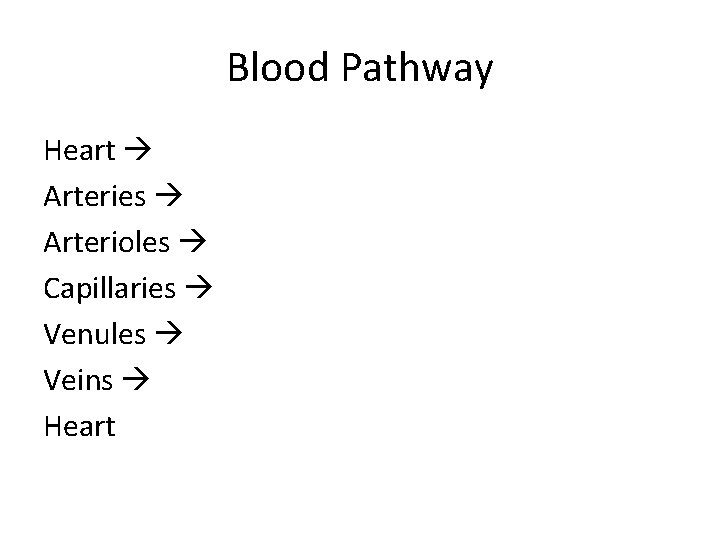 Blood Pathway Heart Arteries Arterioles Capillaries Venules Veins Heart 