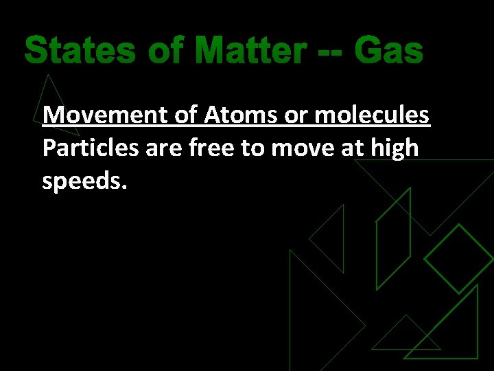 States of Matter -- Gas Movement of Atoms or molecules Particles are free to