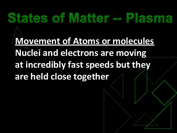 States of Matter -- Plasma Movement of Atoms or molecules Nuclei and electrons are