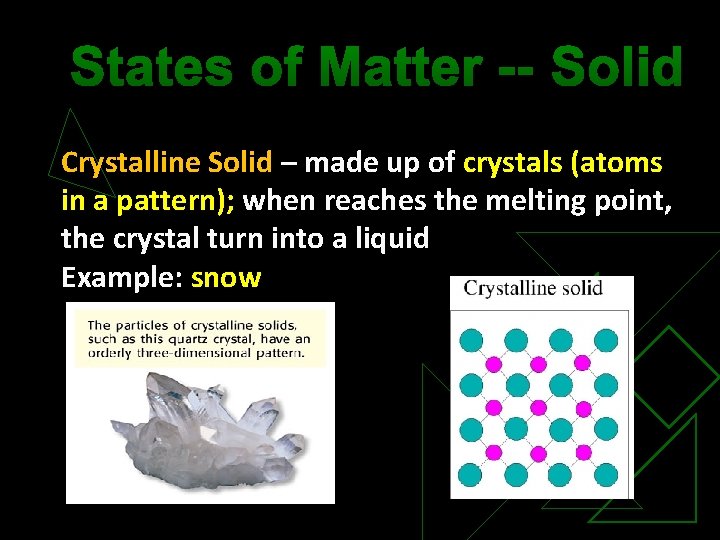 States of Matter -- Solid Crystalline Solid – made up of crystals (atoms in