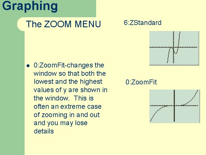 Graphing The ZOOM MENU l 0: Zoom. Fit-changes the window so that both the