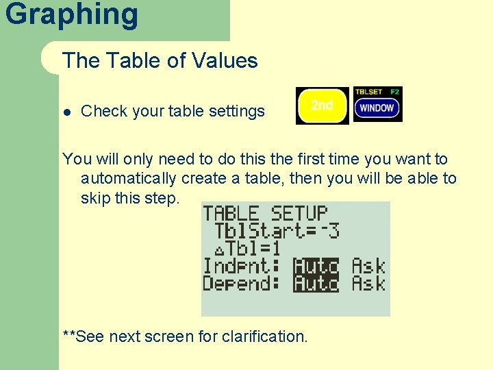Graphing The Table of Values l Check your table settings You will only need