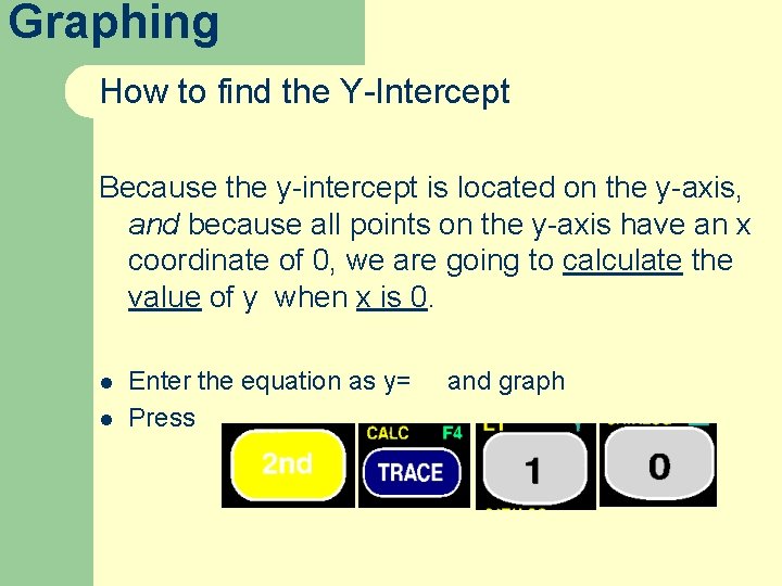 Graphing How to find the Y-Intercept Because the y-intercept is located on the y-axis,