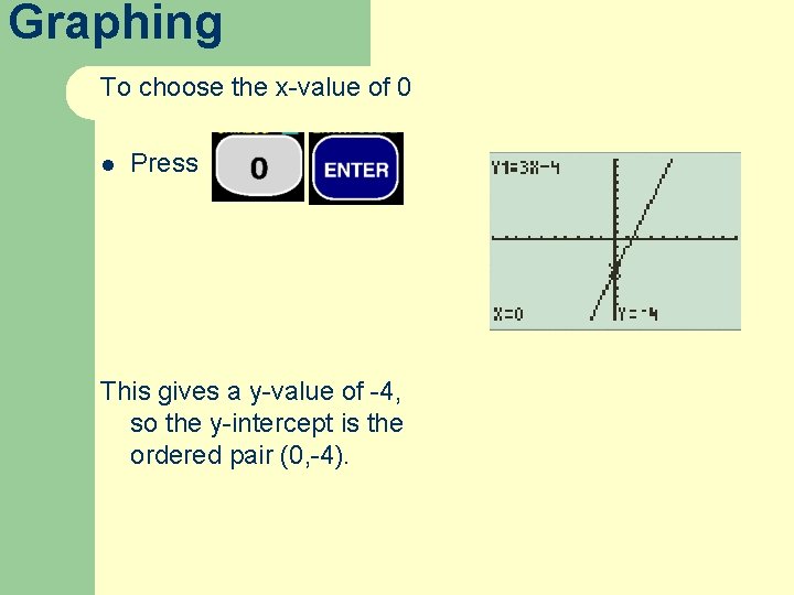 Graphing To choose the x-value of 0 l Press This gives a y-value of