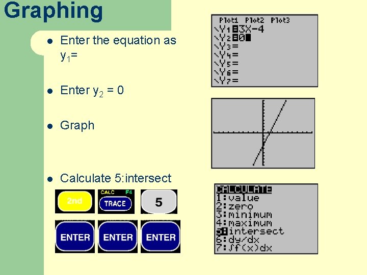 Graphing l Enter the equation as y 1= l Enter y 2 = 0