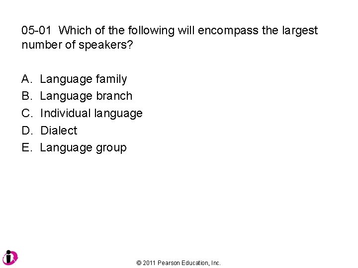 05 -01 Which of the following will encompass the largest number of speakers? A.