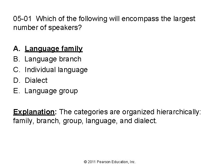 05 -01 Which of the following will encompass the largest number of speakers? A.