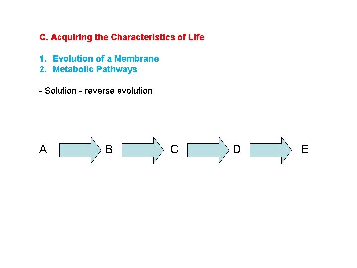 C. Acquiring the Characteristics of Life 1. Evolution of a Membrane 2. Metabolic Pathways
