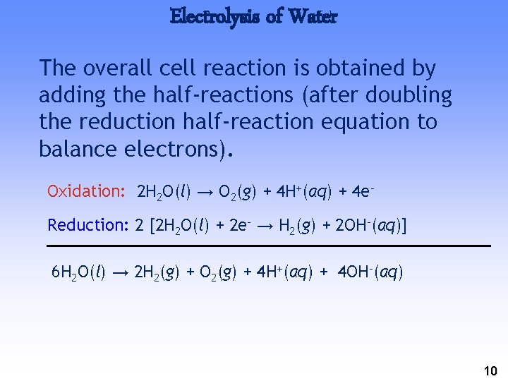 Electrolysis of Water The overall cell reaction is obtained by adding the half-reactions (after