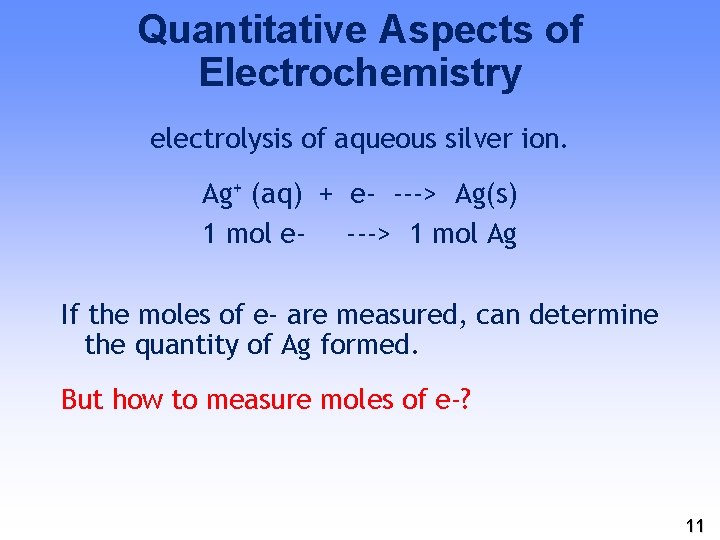 Quantitative Aspects of Electrochemistry electrolysis of aqueous silver ion. Ag+ (aq) + e- --->