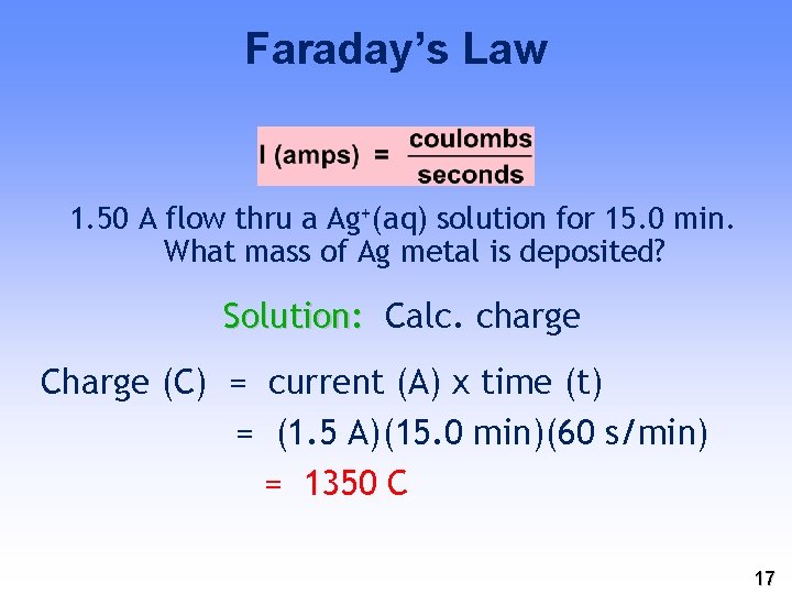 Faraday’s Law 1. 50 A flow thru a Ag+(aq) solution for 15. 0 min.