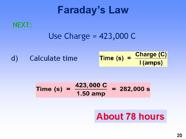 Faraday’s Law NEXT: Use Charge = 423, 000 C d) Calculate time About 78