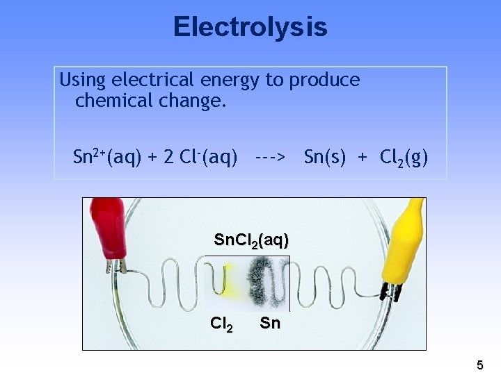 Electrolysis Using electrical energy to produce chemical change. Sn 2+(aq) + 2 Cl-(aq) --->